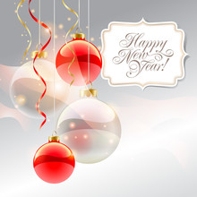 Christmas Card With Red Baubles And Inscription. Vector