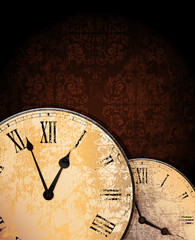 Wall Mural - ornamented grungy background with old clocks. eps10 vector.