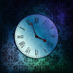 Poster - Old clock on messy ornamented wall. Eps10 vector