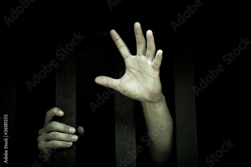 Fotografia, Obraz  Human hand stretch out  from prison bars