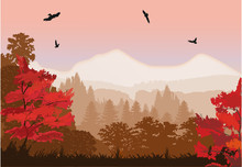 Red Autumn Forest Near Mountains