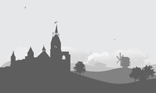 Castle In Country Landscape Grey Illustration