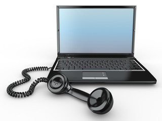 Poster - Laptop with old-fashioned phone reciever. 3d