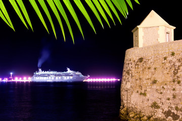 Wall Mural - Ibiza night town cruise ship lights and tower