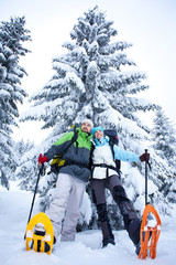 Sticker - Hiker walks in snow forest