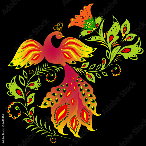 Fototapeta na wymiar Kolorowy ptak i kwiaty
