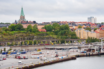 Sticker - view on shipping terminal and old Sofia Church in Stockholm