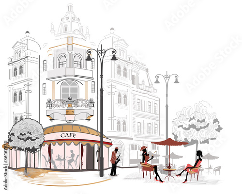 Plakat na zamówienie Series of street cafe in sketches