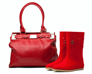 Pair of red felt boots and female bag, with path