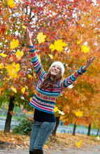 Happy Young Teen Girl In Autumn Scenery