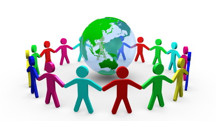 Poster - Colored 3d men around a planet globe holding hands