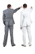 © ghoststone - Back view of two businessman pointing at wall. rear view.
