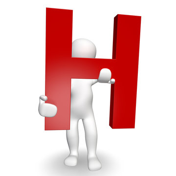 3D Human charcter holding red letter H