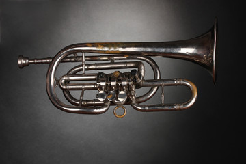 Canvas Print - old trumpet on gray background