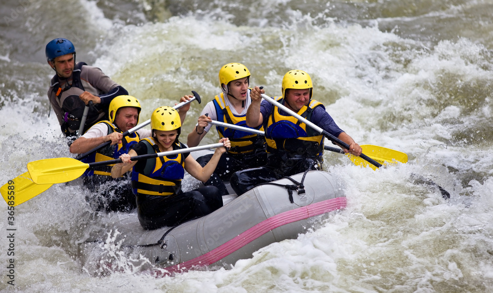 Group of people whitewater rafting - obrazy, fototapety, plakaty 