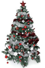 Christmas Tree With Lot Of Silver And Red Decoration