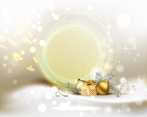 Poster - light Christmas background with two evening balls and gift