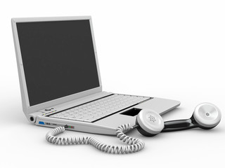 Poster - Laptop with old-fashioned phone reciever. 3d