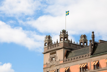 Sticker - Swedish flag on roof of old house in Stockholm