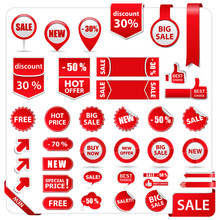Vector Red Price Tags, Labels, Stickers, Arrows And Ribbons