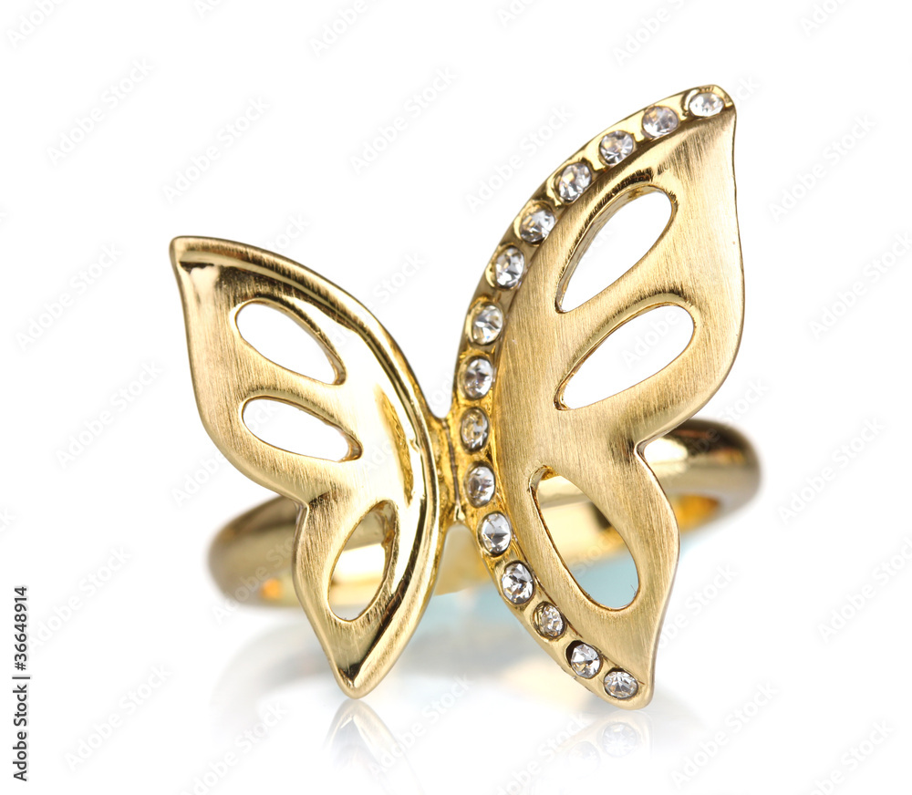 beautiful gold ring with precious stones isolated on white
