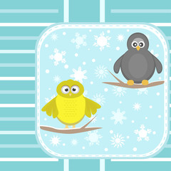  owl and a penguin on a tree under snowfall vector card