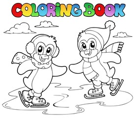 Canvas Print - Coloring book skating penguins