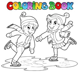 Wall Mural - Coloring book skating boy and girl