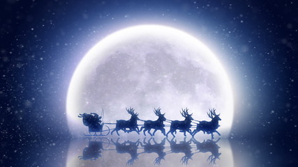 santa with reindeer flies over moon