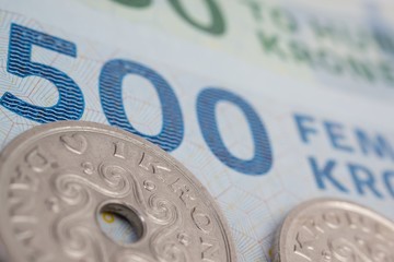 Close up of danish kroner, coins and bank notes