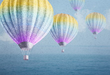 Balloons Over Watercolor Sea Landscape Paper Grunge Background