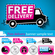 Delivery icons with cut out coupon, banner and glossy button