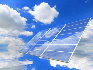 Solar Panel with reflection of blue sky and white cloud