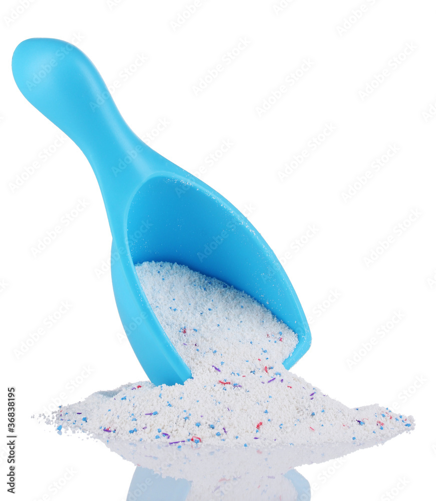 Washing powder in blue container,isolated on white