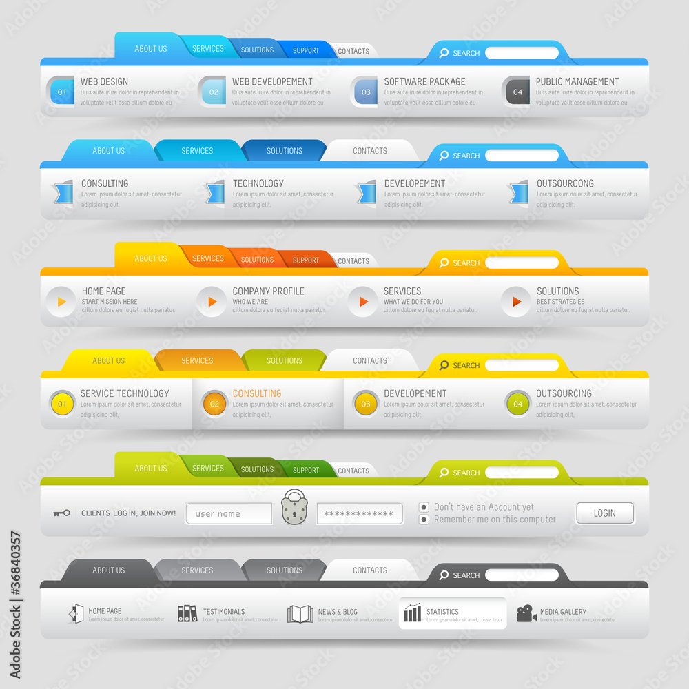 Web design elements with icons set: Navigation menu bars Stock Vector ...