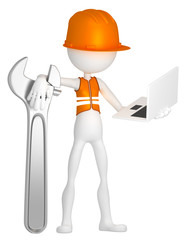 Poster - Construction worker with laptop. Isolated on white background