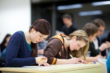 pretty female college student sitting in a classroom