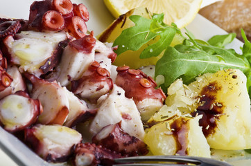 octopus salad with lemon slice and potatoes