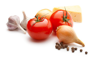 Wall Mural - Tomatoes, cheese, onions, pepper and garlic on white background