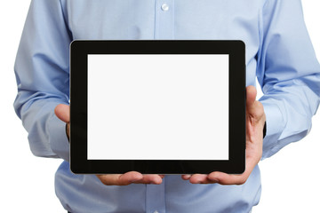 Poster - Man holding blank digital tablet with clipping path