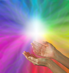 Wall Mural - Hands and cross on rainbow background