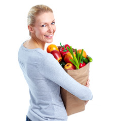 Sticker - Young woman with a grocery shopping bag.