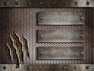 Wall Mural - three rusty plates over metal holed or perforated grid backgroun