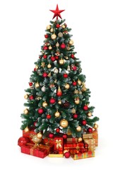 green decorated christmas tree and presents