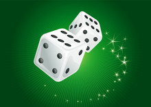 Vector Green Background Of  Two White Casino Dices And  Stars.