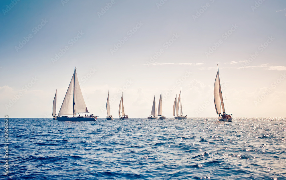 Sailing ship yachts with white sails - obrazy, fototapety, plakaty 