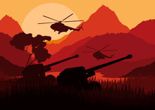 Army Artillery Guns And Helicopters In Mountain