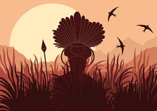African Warrior In Wild Nature Landscape Background Illustration