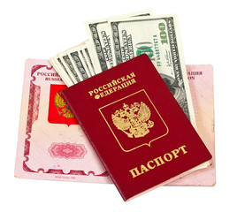 Russian passport and US dollars isolated on white background