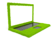 Green Computer Laptop Of Grass 3D. Isolated On White Background